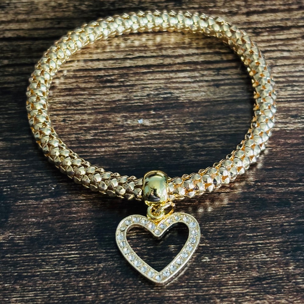 Gold Tone Popcorn Chain Stretch Bracelet with Crystal Heart Charm